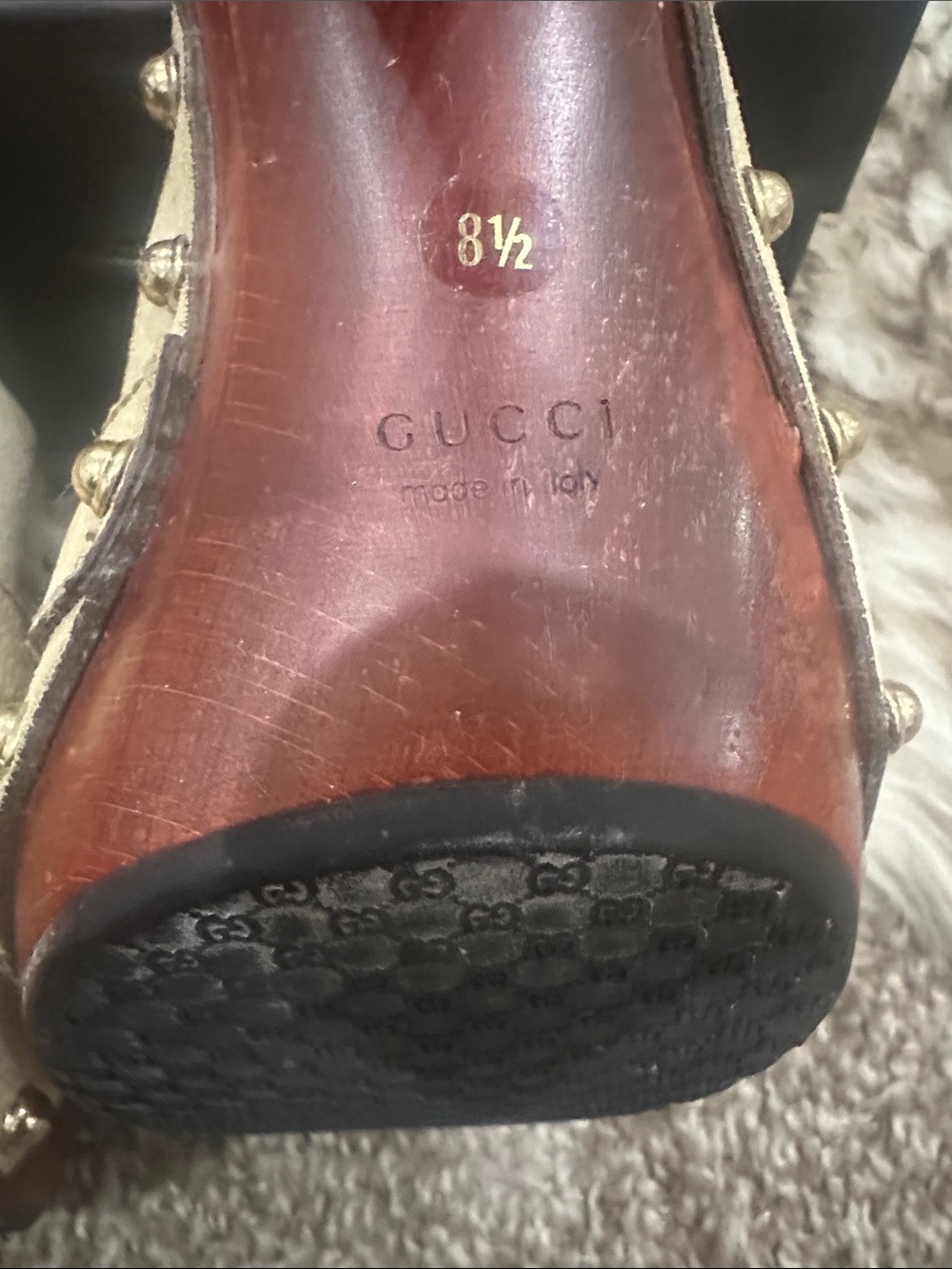 GUCCI Beige Suede gold Horsebit & studded Wood-Platform Mules - Picture 7 of 9